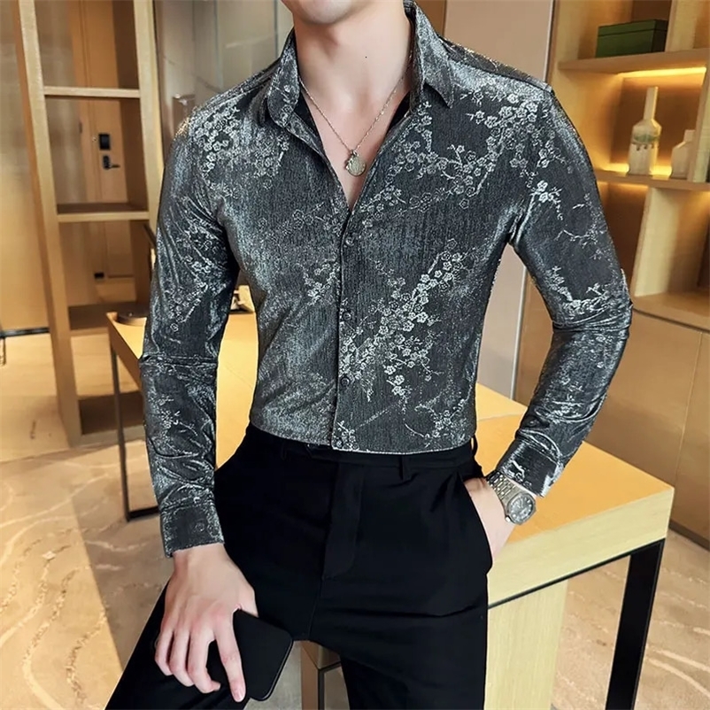 Retro velvet shirt mens autumn and winter floral jacquard ultra-thin long sleeved mens tailcoat shirt and elegant mens social shirt 4XL 241028bj