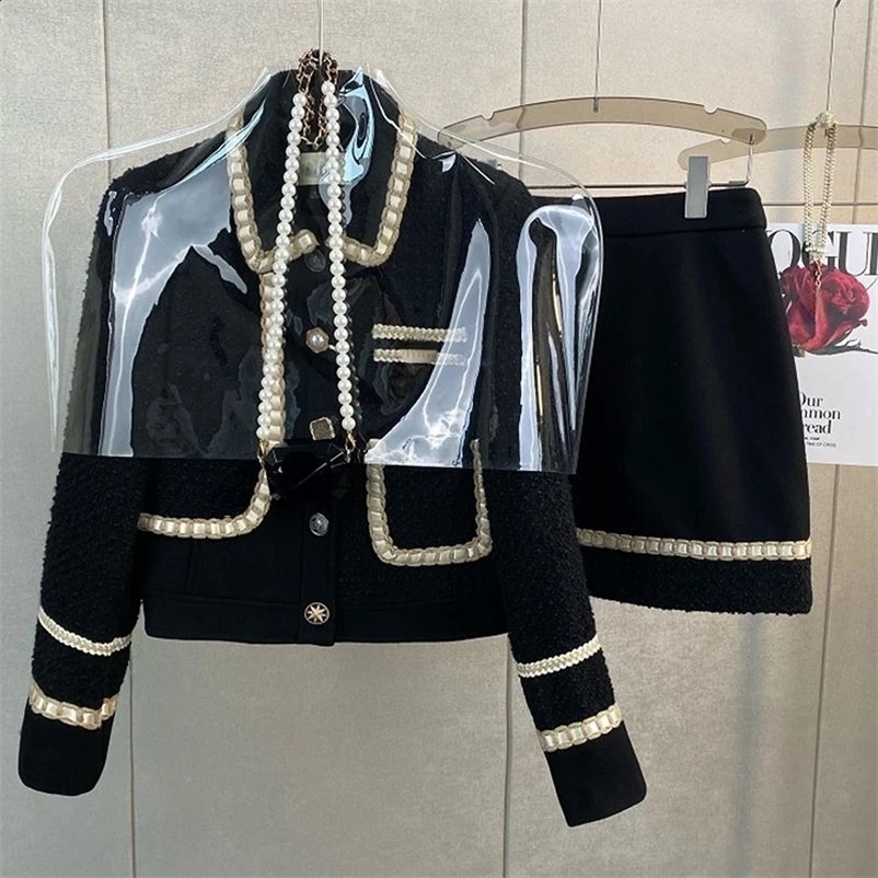 Winter Vintage Small Fragrant Black Tweed Coat Woolen Jacket Two Suit Wrap Hip Mini Skirts Dress Sets Fashion Clothes Women 240729
