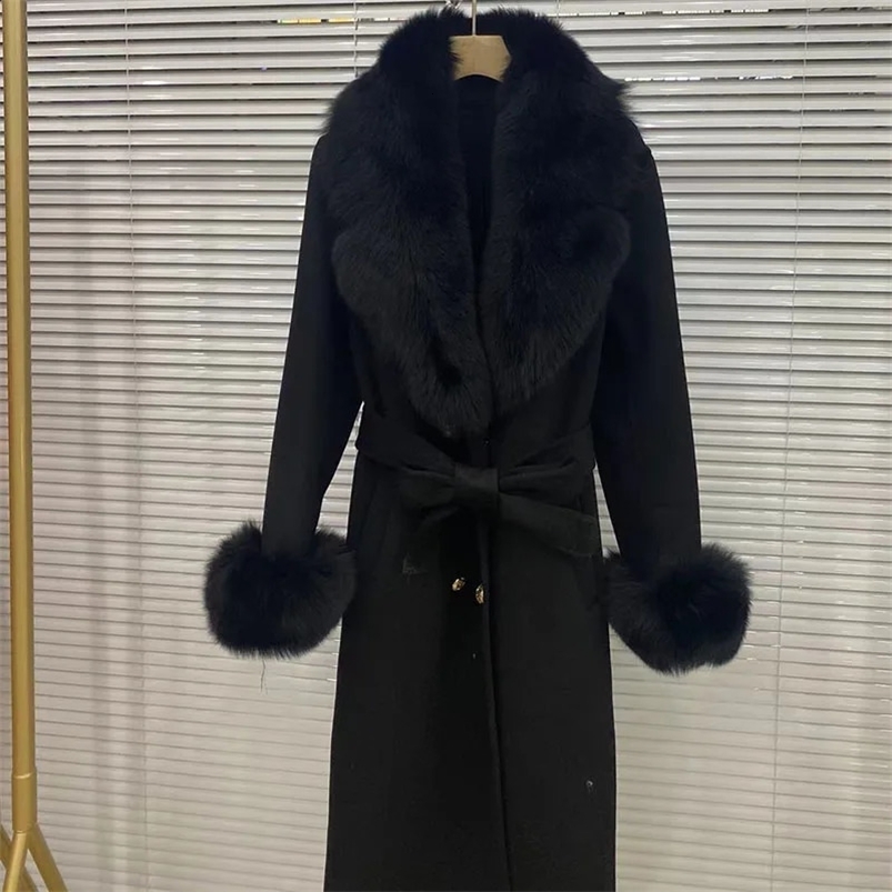 Long Women Wool Blended Coat With Big Real Fox Fur Collar Fashion Slim Winter Wool Jacket With Belt Outwear With Fox Fur Cuff 240822