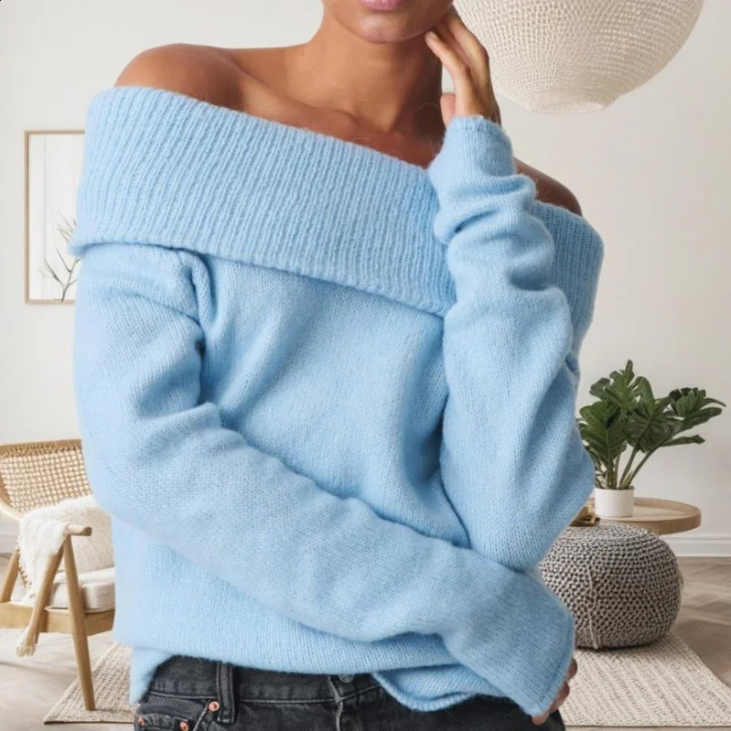 Xingqing Women Sweaters y2k Clothes Elegant Solid Color Off Shoulder Long Sleeve Pullover Crop Tops 2000s Clothing Streetwear 250114