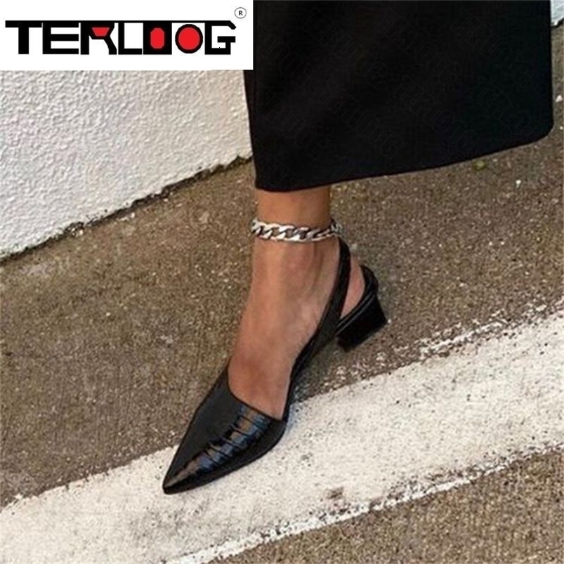 Women's Pointed Toes Pumps Mid Chunky Heels Slingback Sandals Shoes Summer Vintage Woman Lady Female Sandals Slippers Shoes 220418
