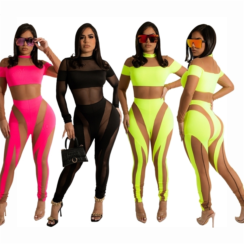 Women's Two Piece Pants Kliou Mesh Patchwork Two Piece Set Women Skinny Hole Sleeveless VestMid Waist See Through Leggings High Street Attirewear