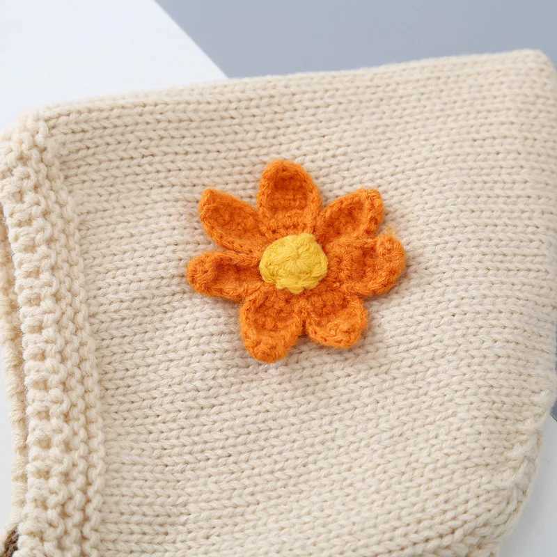 Cute Flower Ear Protection Hat for Baby Knit Pullover Cap Winter Warm Kids Woolen Bonnet 14Year Boy Girl Liner Velvet Beanie Z251029