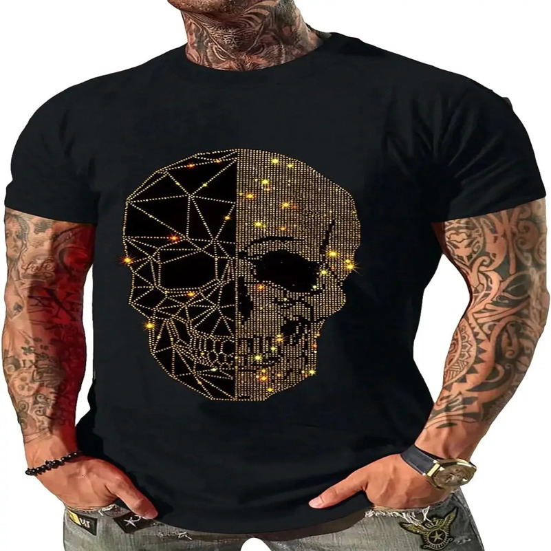 WDIRARA Mens Rhinestone Glitter Skeleton Skull Print Tee Short Sleeve Casual T Shirt Tops 250227