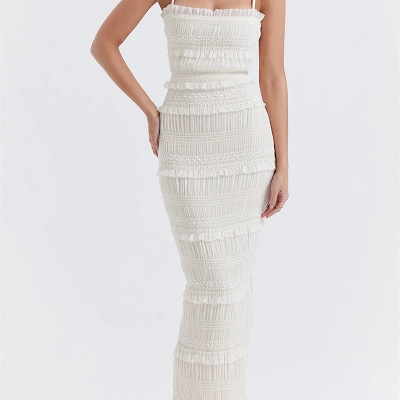 Women Summer Sheer Mesh Pleated Strappy Tiered Ruffle Lace Long Dress Y2K Spaghetti Strap Ruched Backless Boho Corset Party 240529