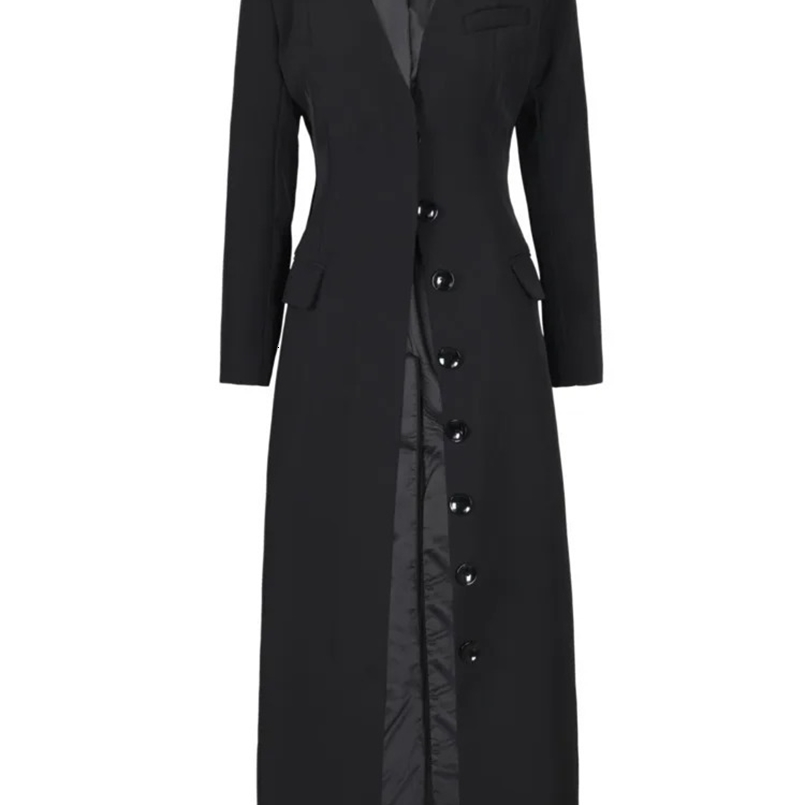 EAM Black Button Elegant Long Blazer Women V-neck Long Sleeve Loose Fit Jacket Fashion Spring Autumn 7AB1239 240826