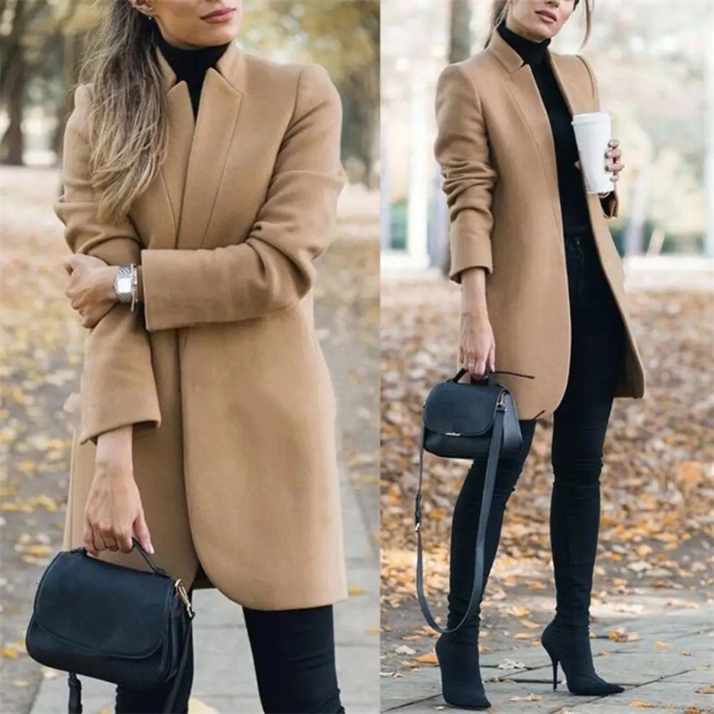 Drop Office Lady Autumn Solid Color Stand Collar Woolen Long Coat Plus Size Cardigan 240822
