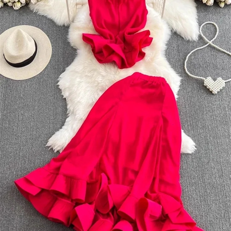 XFPV Womens Stand Neck Ruffle Swing Waist Sleeveless Top Two Piece Set High Waist Skirt Y2k Korean Fashion summer SM11006 240820