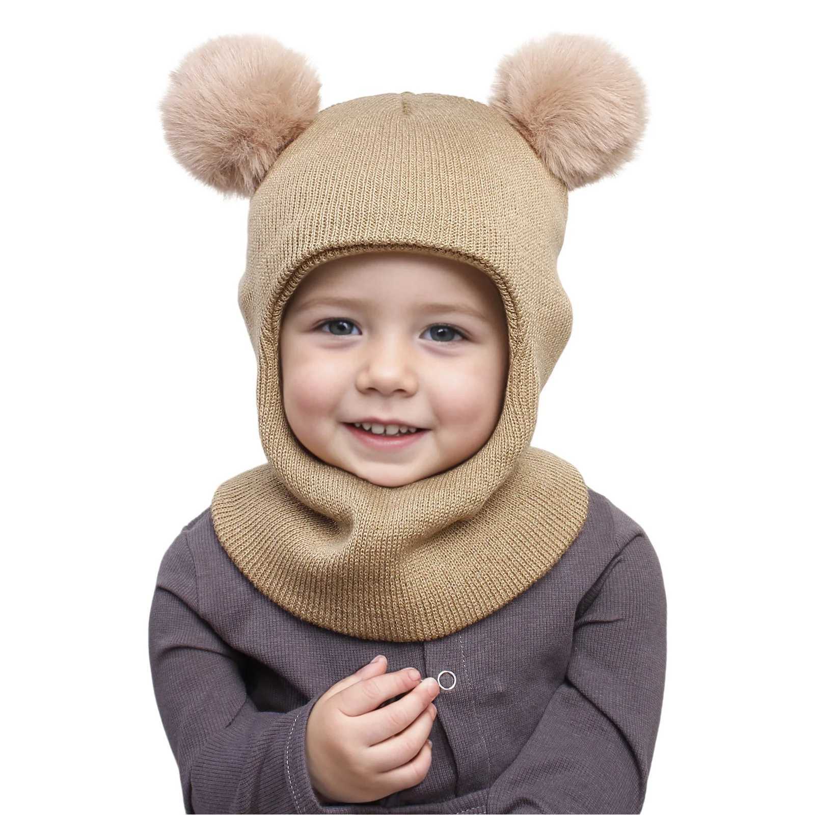 312Y autumn and winter doubleball pullover cap childrens doubleball earprotecting onepiece cap solidcolor cute woolen o Z251029