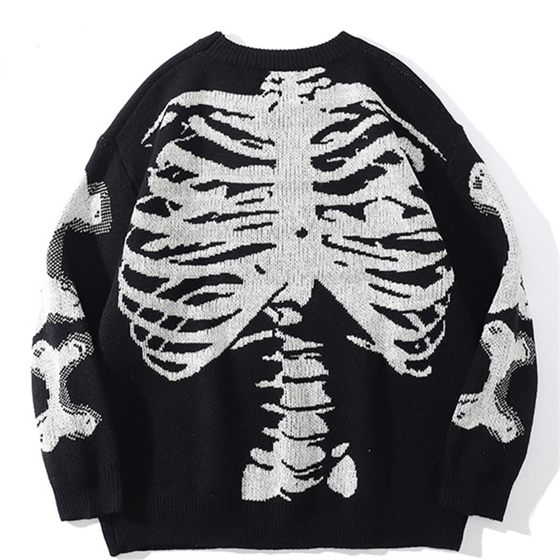 Men Oversized Sweater Black Loose Skeleton Bone Print Women Vintage Retro Knitted Sweater Autumn Cotton Pullover Unisex 220819