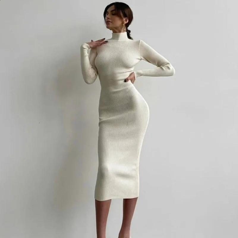 Autumn Winter Midi Sweater Dress Women Casual Ribbed Knitted Turtleneck Long Sleeve Dresses Outfits Bodycon Sexy Club Party 250122