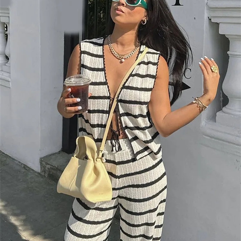TRAF Women Fashion Summer 2 Pieces Set Black And White Striped V-Neck Lace-Up TopsKnitted High Waist Wide Leg Pants Female Suit 240826