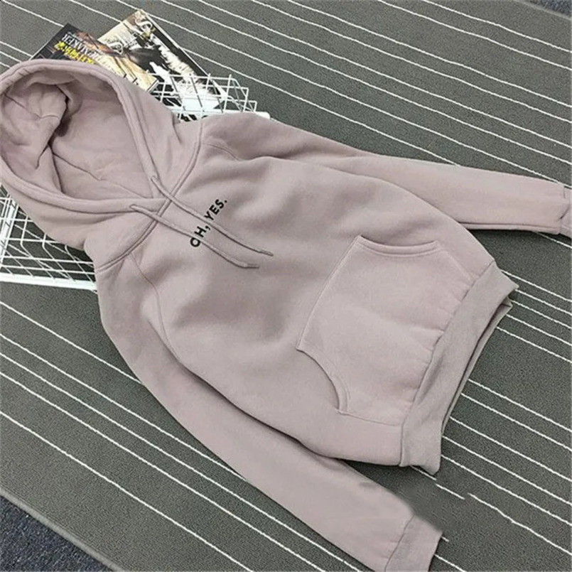 Autumn Winter Fleece Oh Yes Letter Harajuku Print Pullover Thick Loose Women Hoodies Sweatshirt Female Casual Coat 250121
