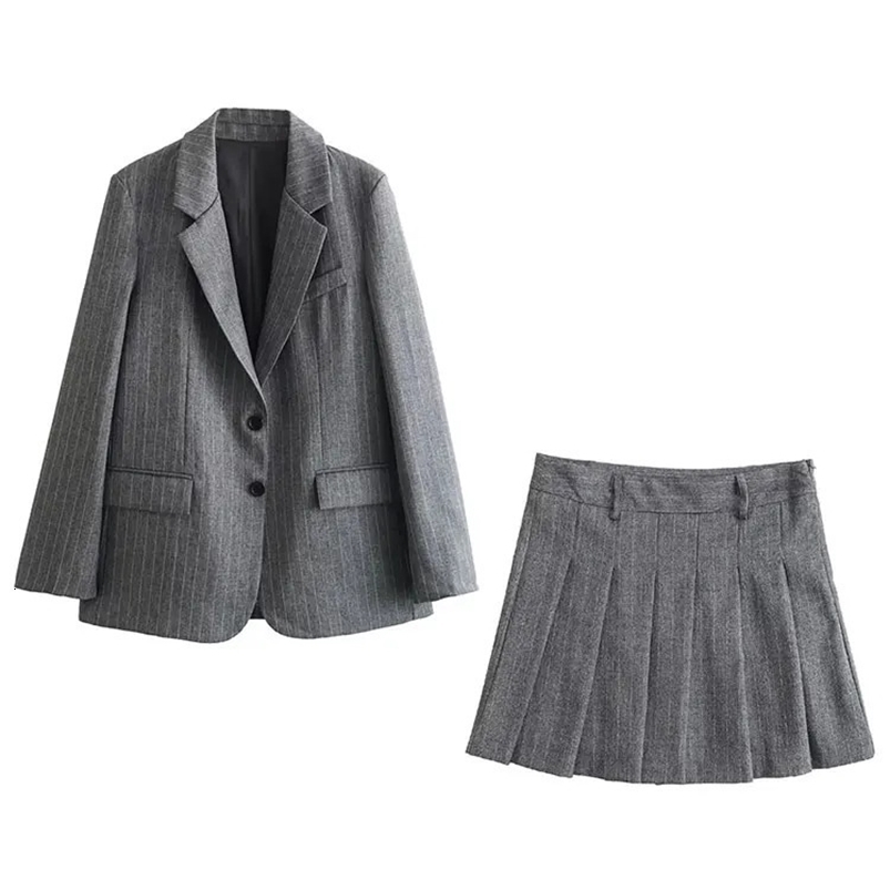 TRAFZA Spring Women Fashion 2 Piec Set Lapel Long Sleeves Blazer Coat Sexy Party sweet Female Mini Pleated Skirts 240826