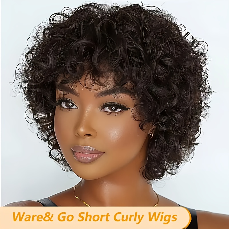 Wig Human Hair 6 inch Short Curly Wigs None Lace Front Wigs with Bangs 180% Density 100% Human Hair Wig