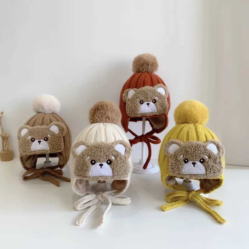 Cartoon Bear Baby Ear Protection Cap Cute Plush Ball Toddler Beanie Winter Warm Woolen Pullover Cap 336M Children Knitted Hat Z251029