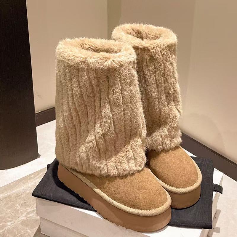 2024 Winter New Fashion Furry Hem Wedge Non-slip High Women's Outdoor Warm and Comfortable One-foot Snow Boots