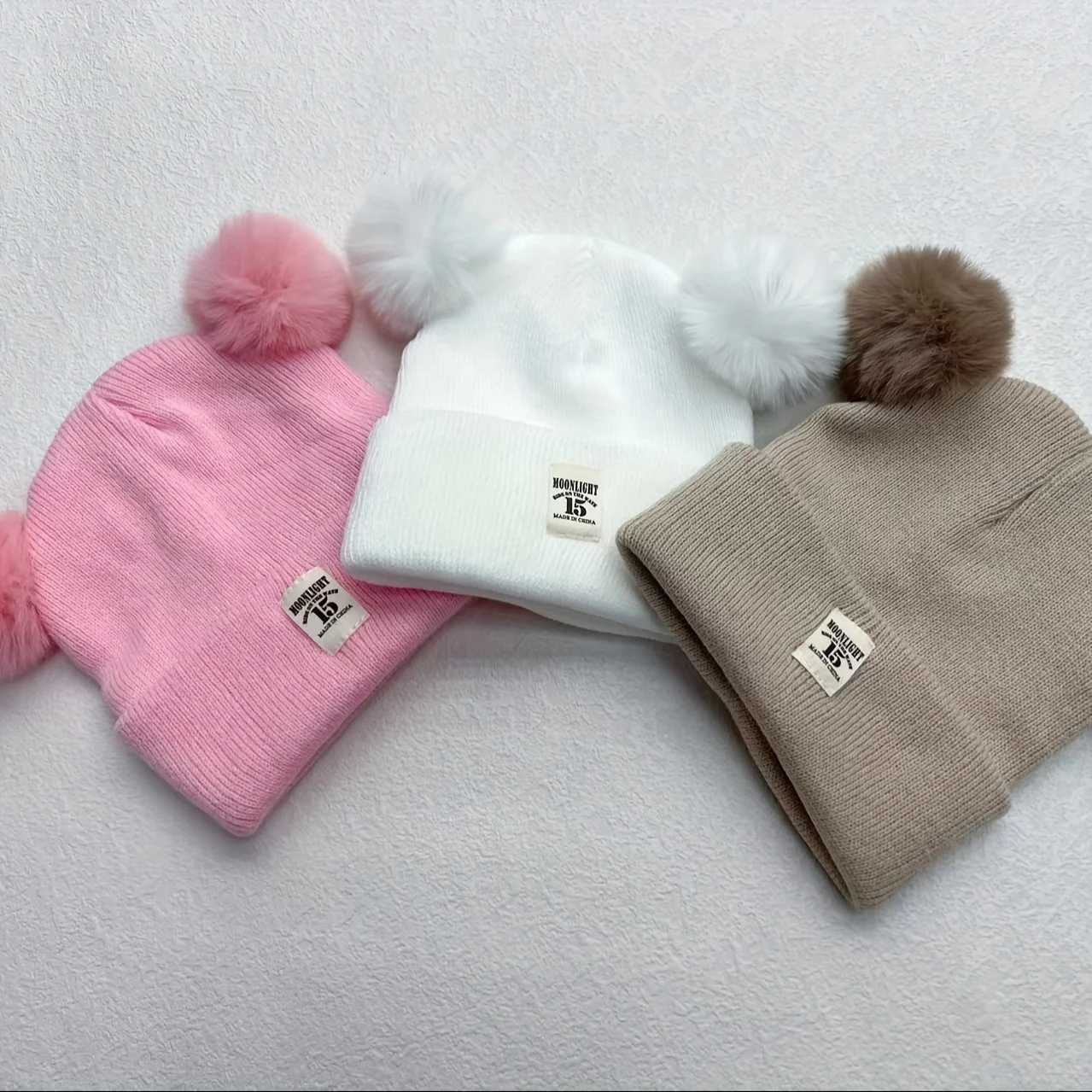 3pcs Soft Acrylic Knit Baby Hats with Double PomPoms Patch Warm Lightweight New Year Casual Attire for Boys Z251029
