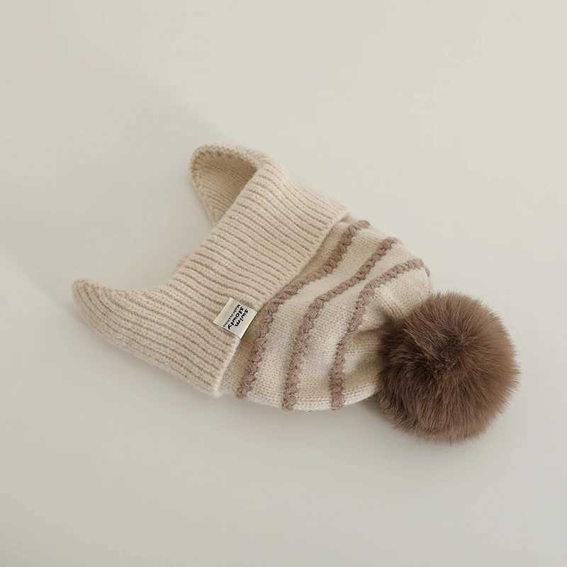Fluffy Fur Ball Baby Knitted Ear Protection Hat Fashion Striped Kids Earmuffs Cap Winter Warm Children Woolen Beanies 13Year Z251029