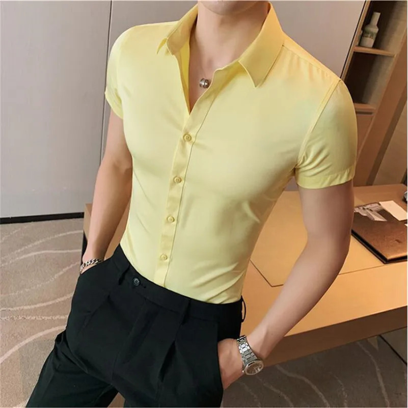 Summer Men Fashion Casual Short Sleeve Solid Shirt Super Slim Fit Male Social Business Dress Shirt Men Casual Dress Blouse 250417