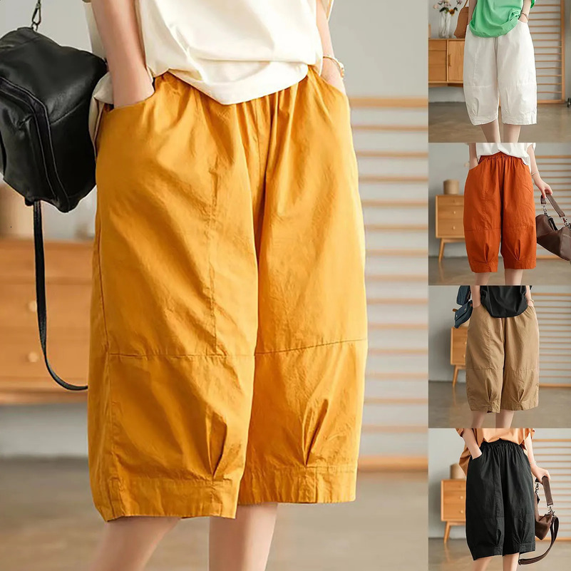 Womens Shorts With Pockets Elastic Breathable Loose Cotton Linen Half Length Pants Soft Cool Female Shorts Summer Streetwear 250313