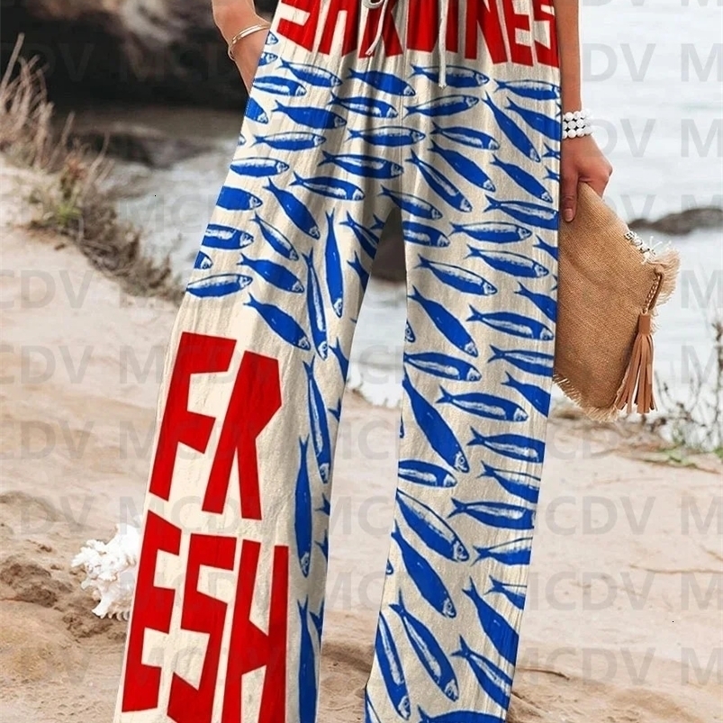 Womens Vintage Fish Sardines Art Print Linen Casual Pants 240815
