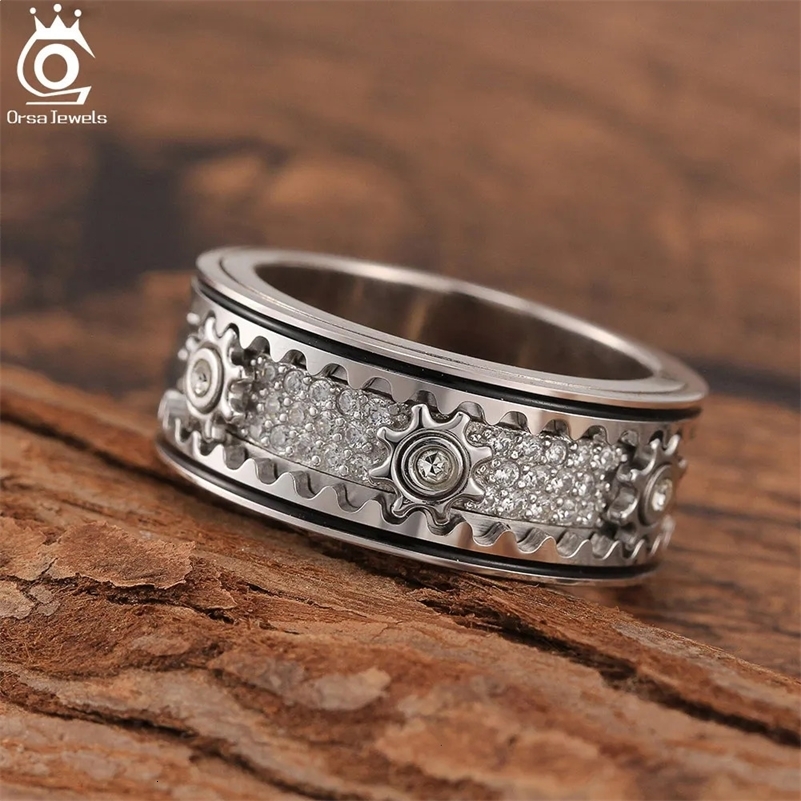 ORSA JEWELS 100% 925 Sterling Silver Rotating Gear Rings for Men Vintage Statement Thumb Rotatable Fidget Band Jewelry NMR14 240624