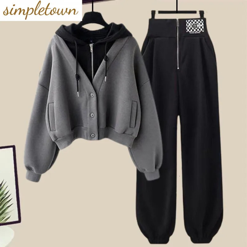 Winter patch work hoodie jacket personalized leg two-piece elegant womens pants set sportswear set 241010