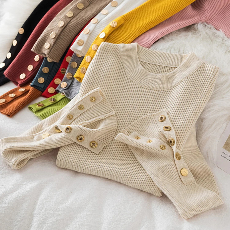 women thick sweater pullovers khaki casual autumn winter button o-neck chic sweater female slim knit top soft jumper tops 250114