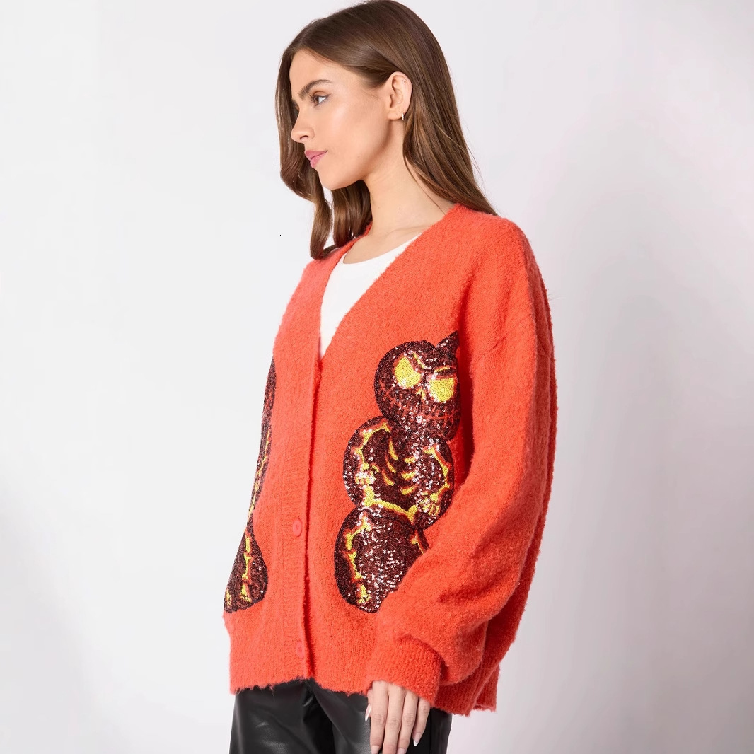Autumn Winter New Womens Halloween Pumpkin Demon Sequin Sweater Casual Knitted Cardigan 250103