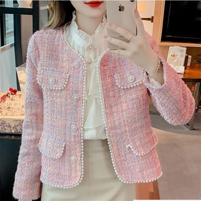 Spring Autumn Womens Woolen Coat Pink Small Fragrant Wind Coat Nailed Bead Short Jacket Tweed Coat Ladies Tops Female Outerwear 240822