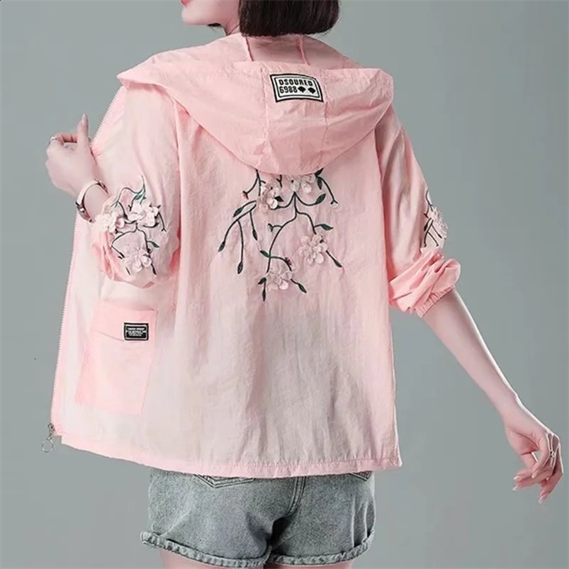 Embroidery Print Hooded Thin Coat Spring Summer Oversize 5xl Loose Jackets Women Casual Sun Protection Outwear Elegant Chaquetas 240819