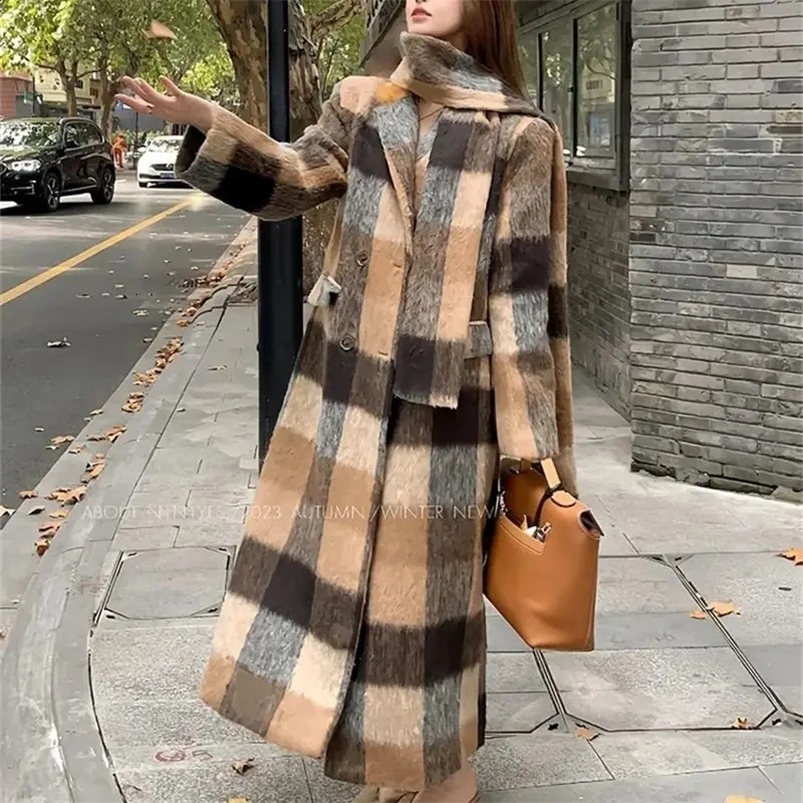 French plaid woolen long coat jacket for womens winter autumn/winter loose fitting high-quality trench coat for commut 240822