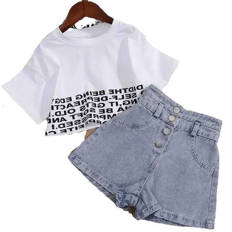Summer Kids Clothes Set Teen Crop Tops T-shirt Denim shorts 2pcs Girl Outfits Baby Girls Clothing 4 7 10 to 12 year 240715 J250625