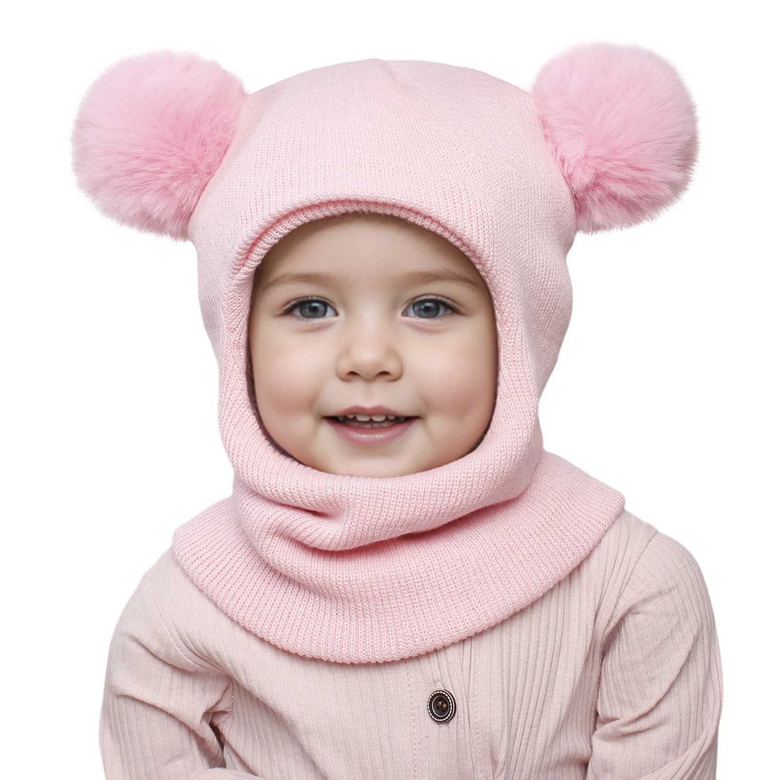 312Y autumn and winter doubleball pullover cap childrens doubleball earprotecting onepiece cap solidcolor cute woolen o Z251029