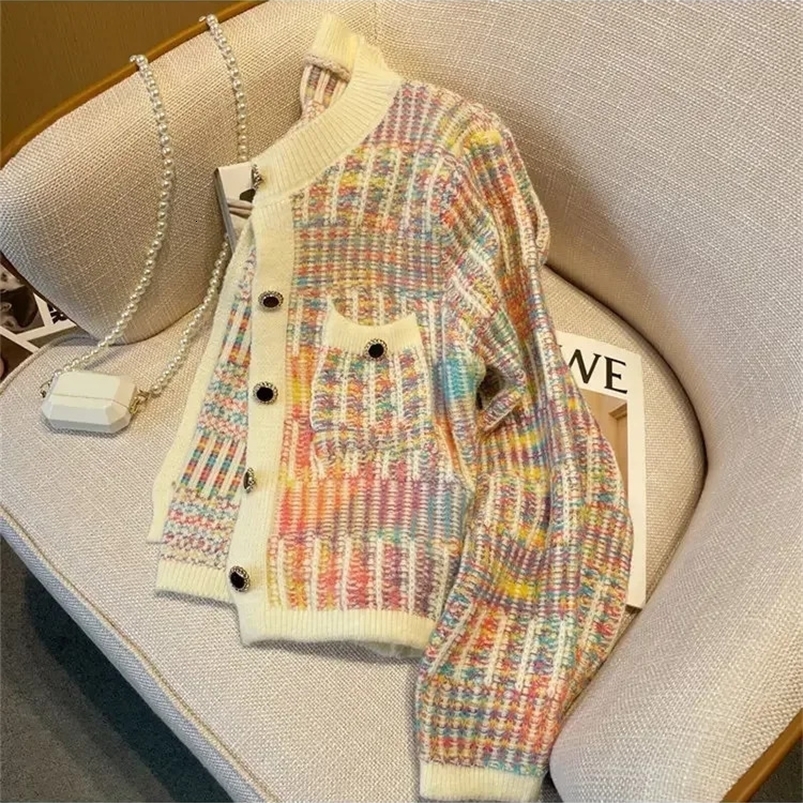 Autumn Korean Vintage Loose Rainbow Striped Knitted Cardigan Sweater Women Long Sleeve Mixed Color Single Breasted Pockets Tops 240824