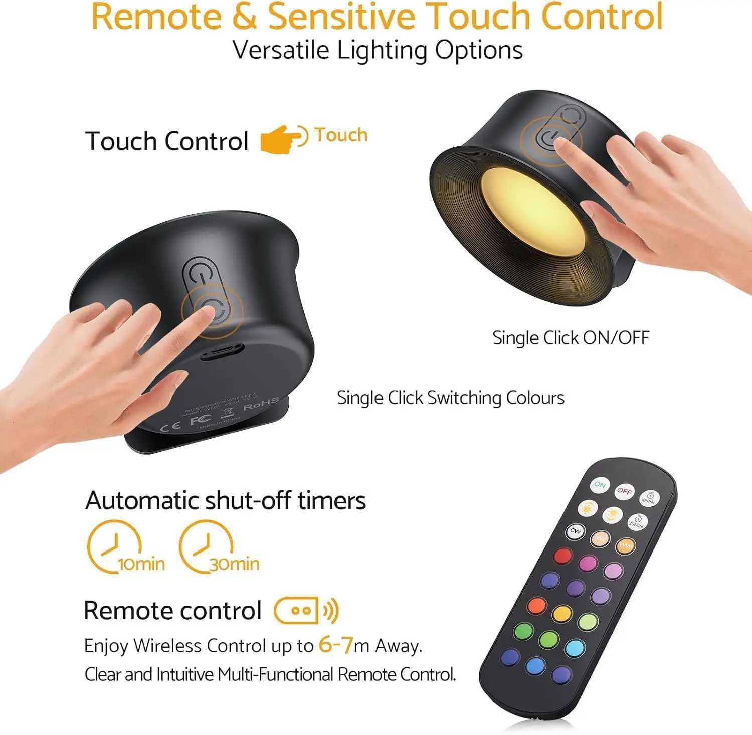 2Pack LED Rechargeable Wall LightsAdhesive Magnetic Wireless Wall Lamps2000mAh Battery15 RGB Colors for BedroomLiving Room C251124