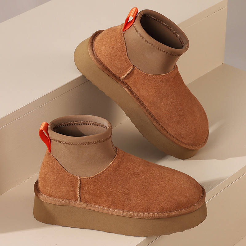 hot free shipping designer shoes Winter new thick soled cowhide wool snow boots for women added fleece keep warm cotton shoes black grey brown