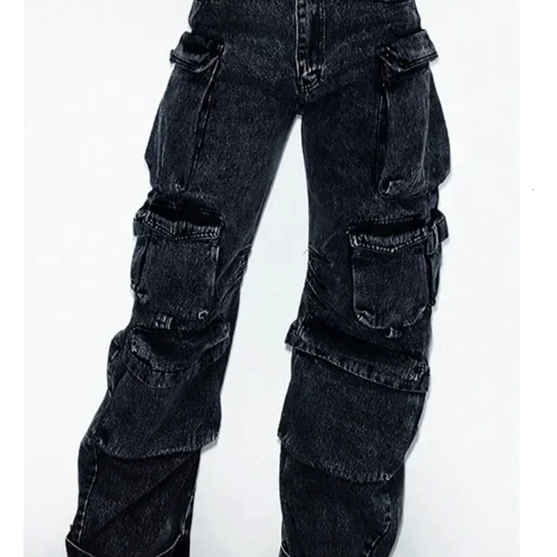Solid Color Multi-pocket Loose Jeans Women High Street Retro Hip-hop Wide-leg Pants Casual Straight High-waisted Jeans Women 240822