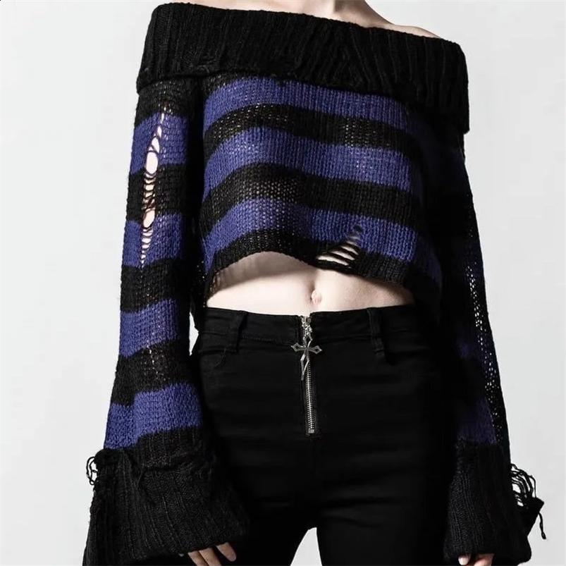 Deeptown Gothic Striped Cropped Women Knit Sweater Off Shoulder Y2K Hole Pullovers Harajuku Vintage Spring Punk Korean Fashion 240824