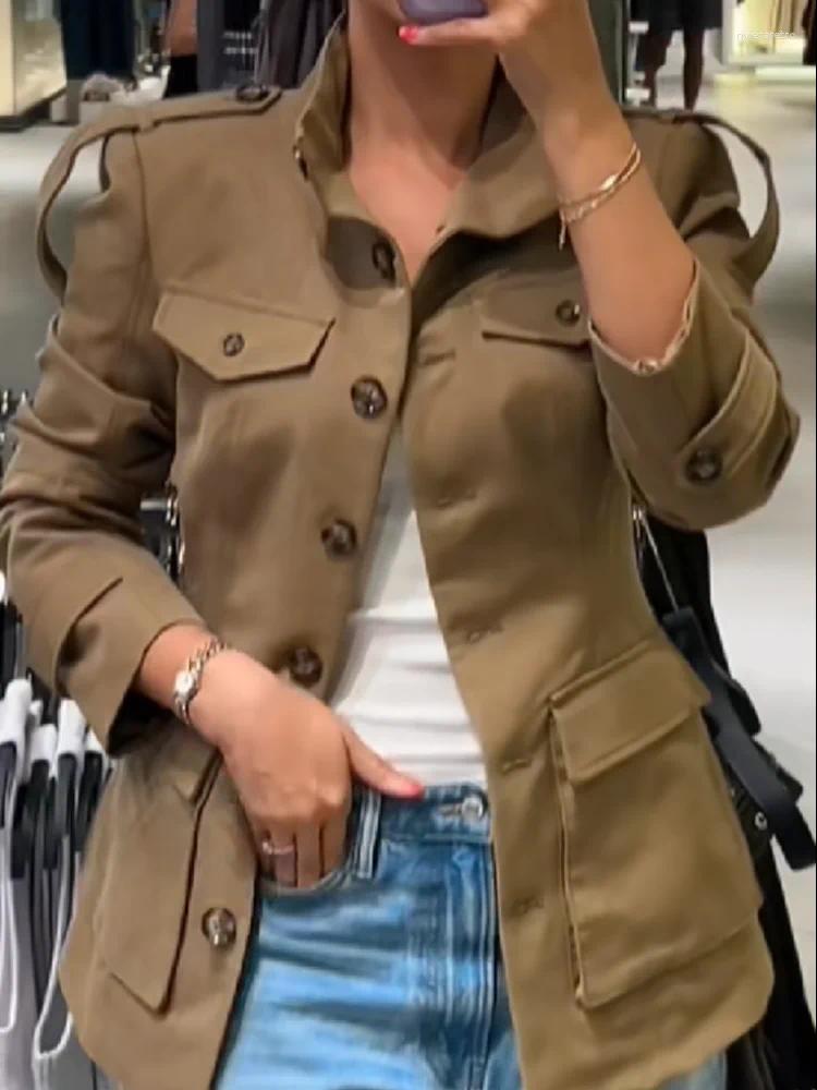 Women's Jackets Vintage Slim Fit Jacket Long Sleeve Padded Shoulder Single Breasted Coat Pocket Outwears 2025 Female Streetwears