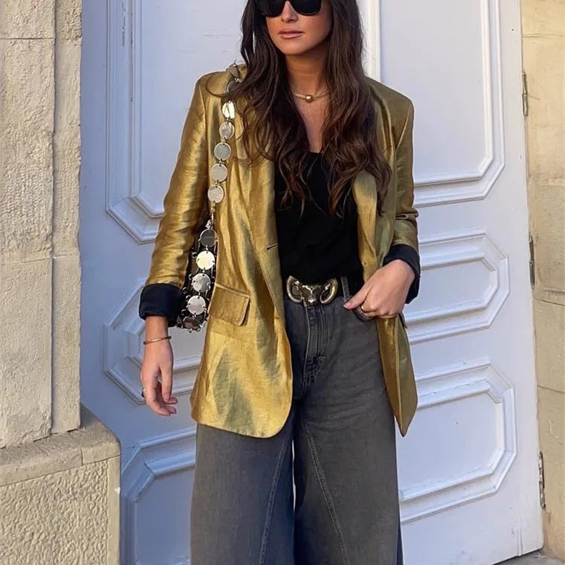 TRAFZA Autumn Womens Fashion Gold Blazer Retro V Neck Party Long Sleeve Button Up Womens Pocket Casual Blazer Chic Top 240826