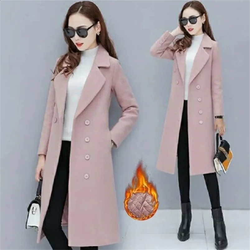 Female Woolen Coat Velvet Womens Double-Breasted Woolen Coat Spring And Autumn Woolen Coat Fashion Suit Collar ThickTrench 240822