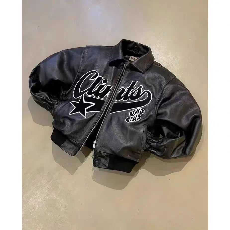 Retro Y2k PU leather jacket; American streetwear trend; black thick loose zipper jacket for men. L250923
