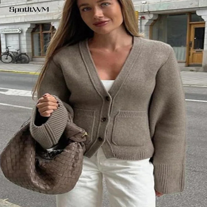 Elegant Marron V-neck knitted cardigan with pockets casual single chest long sleeved knitted womens autumn commuting sweater 241018