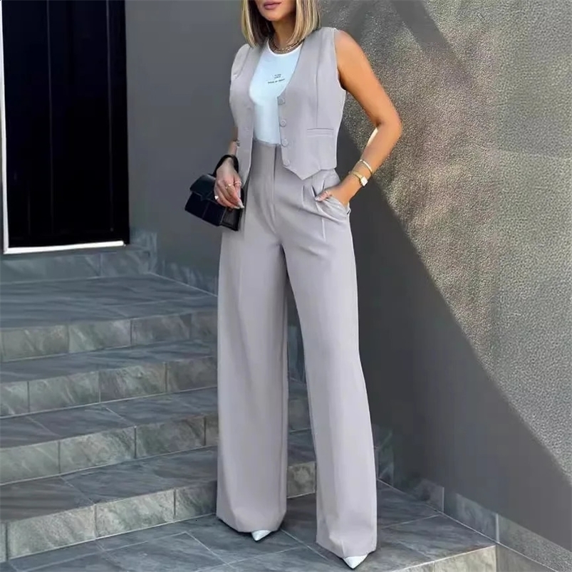 Women OL Blazer Pant Sets 2 Pieces Casual Slim Notched Cardigan Blazer Waistcoat High Elastic Pocket Wide Leg Trousers Suits 240826