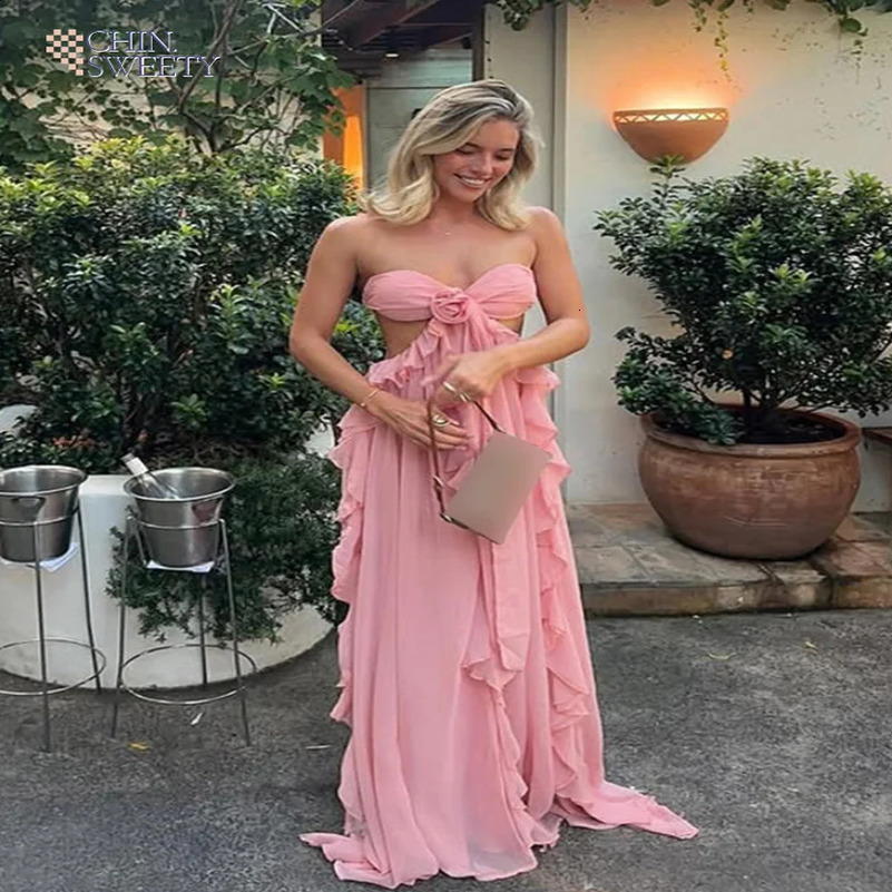 Chic Women Spring Hollow Out 3d Flower Ruffled Hem Long Dress Elegant Off Shoulder Backless Robe 2025 Lady Street Party Gown 250313