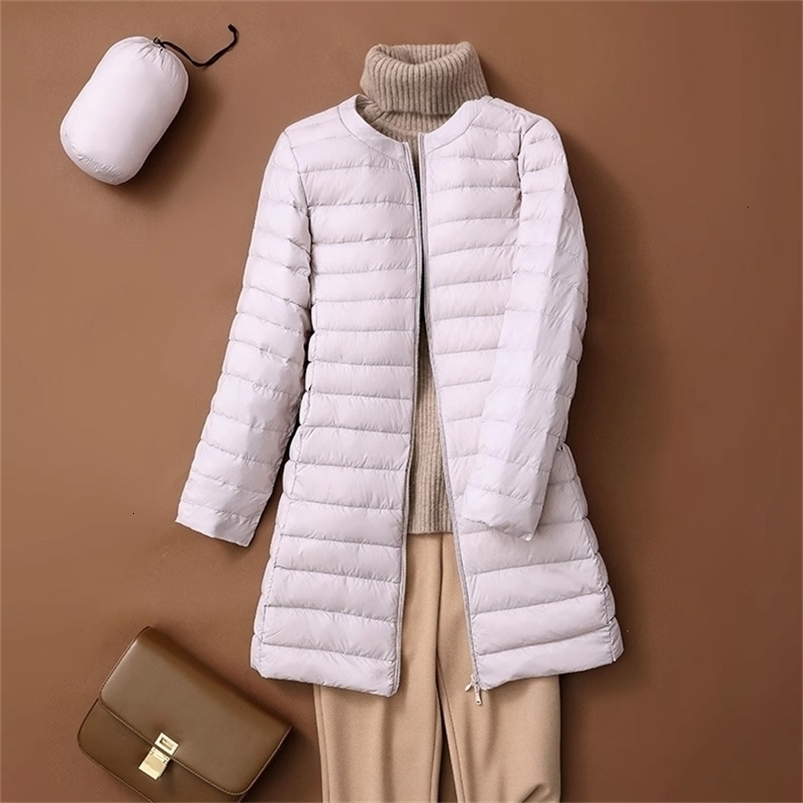 autumn and winter ultra light womens long duck down jacket Korean style O-neck wool lined collarless puff jacket 241021