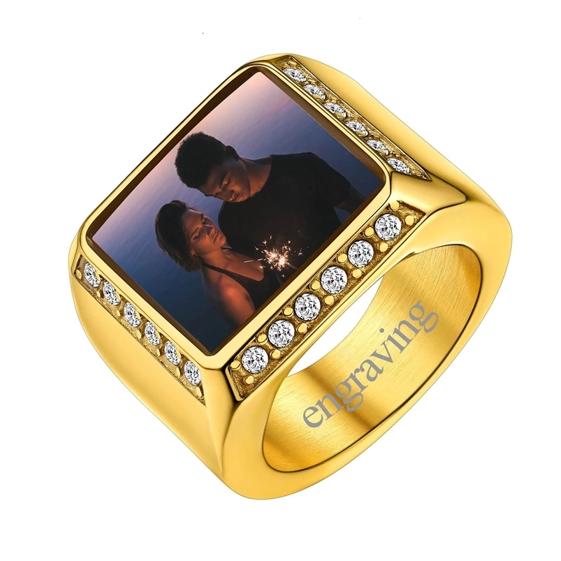 U7 Custom Po Rings for Man and Woman White Zircon 19mm Width Square Round Heart Shape Memorial Picture Stainles Steel Jewelry 240530