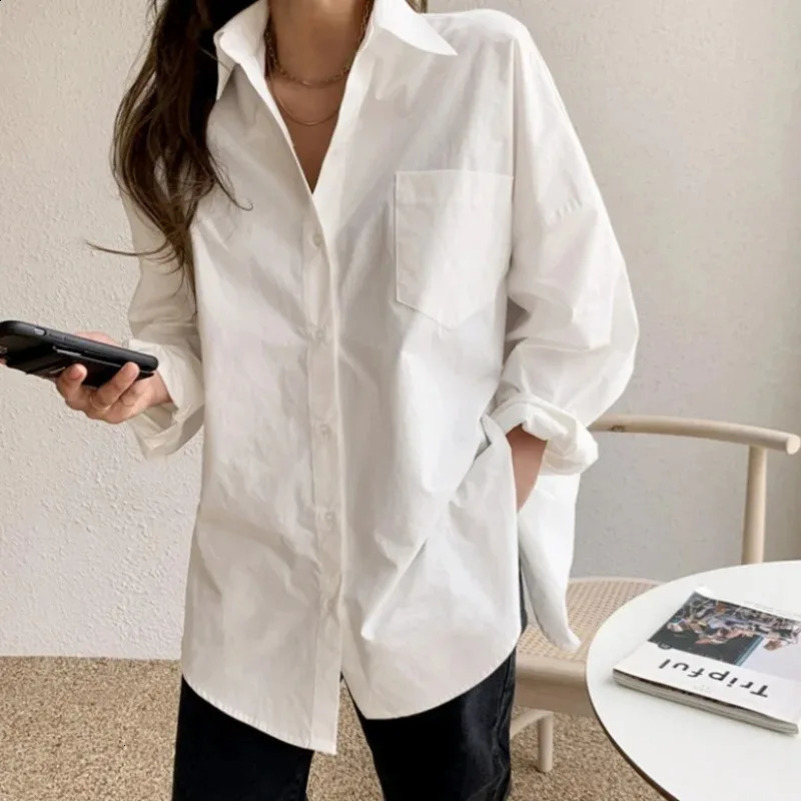 White long-sleeved shirt women loose everything with the autumn Korean version of the n sense of minority top 250313